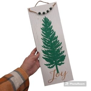 Evergreen Tree Wooden Hanging Wall Decor with Beads Joy NEW